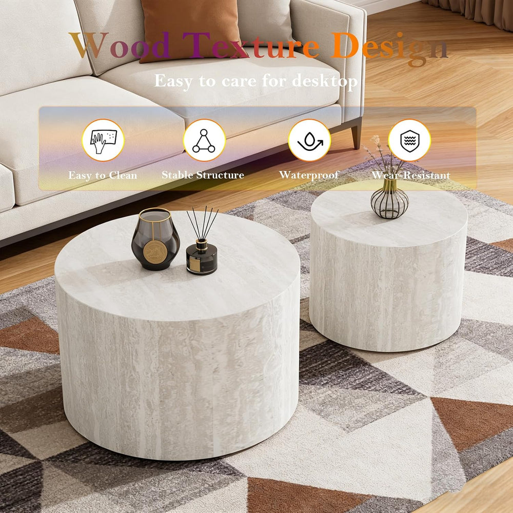 Round Travertine Nesting Coffee Table (A 18.1+14.6in) | Modern Circular Accen...