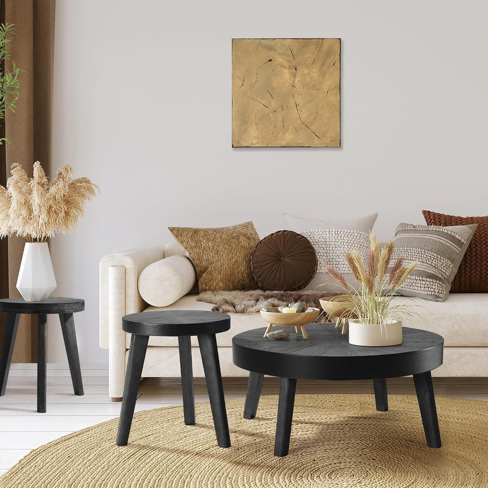 HOKYHOKY Farmhouse Round Coffee Table Set of 3, Coffee and End Table, Black |...