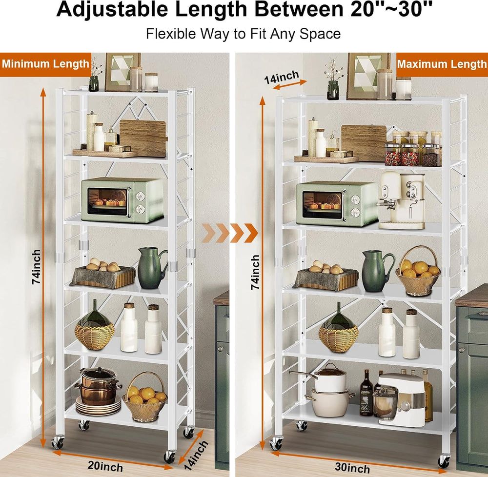 6-Tier Foldable Storage Shelves Expandable Shelf Wheels White 2-in-1