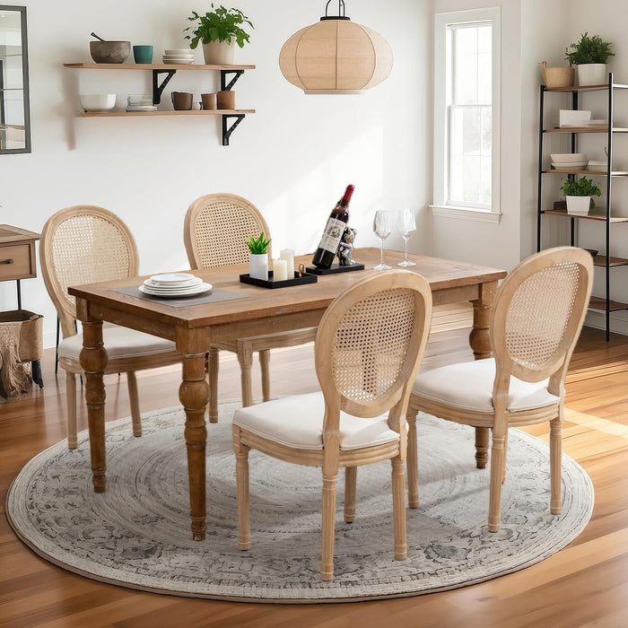 French Country Rattan Dining Chairs Set of 4,Round Back Kitchen Chair,Beige