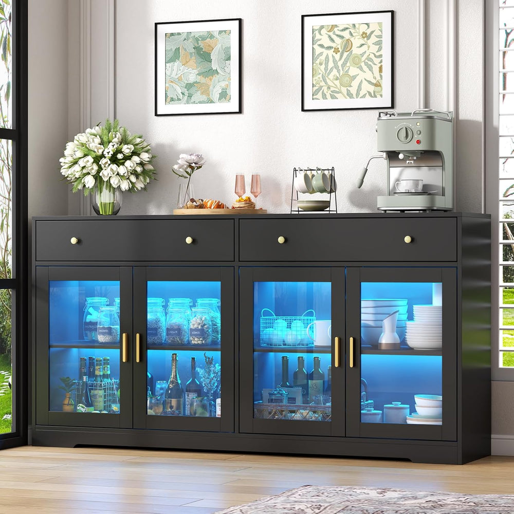 Sideboard Buffet Cabinet with LED Lights, 55.1 Storage Cabinet with 2 Large D...