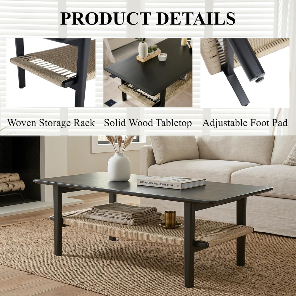 chairus Farmhouse Coffee Table Rectangular Living Room Table with Rattan Stor...
