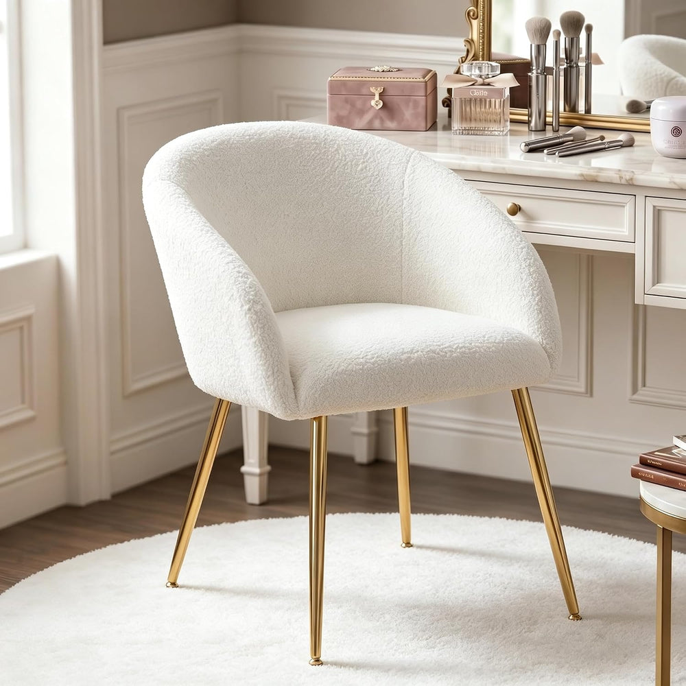Modern Vanity Chair, Living Room Chair with Metal Legs,Teddy Fabric Dining Ch...