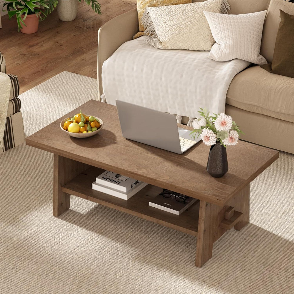 Farmhouse Wood Coffee Table - 43.4" Rectangle Coffee Table Solid Wood Ta...