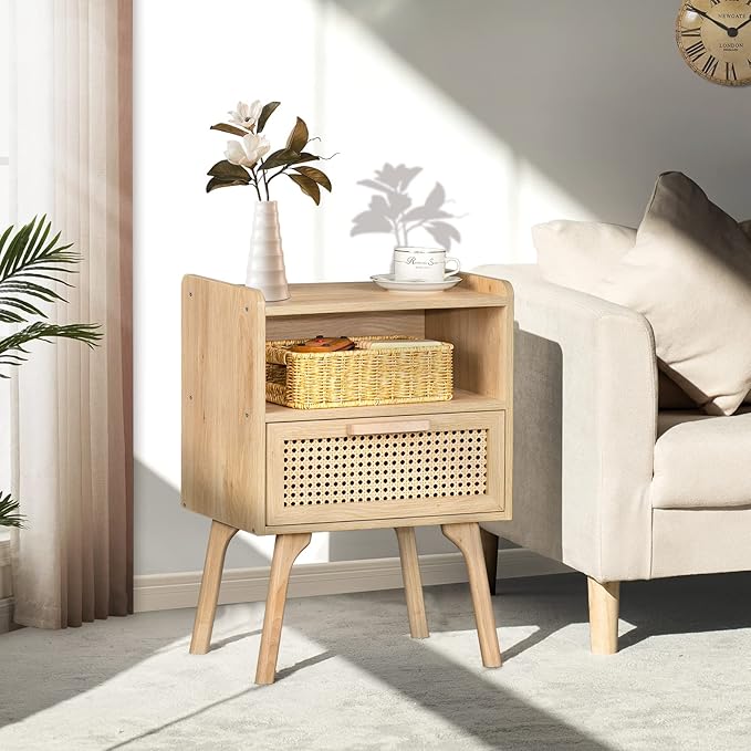 Lerliuo Rattan Nightstand, Boho Side Table with Drawer Open Shelf, Cane Accen...