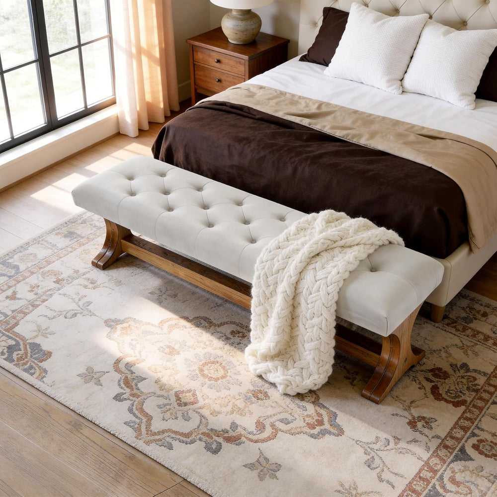 LITTLE TREE 55" Upholstered End of Bed Bench, Solid Wood Tufted Entryway...