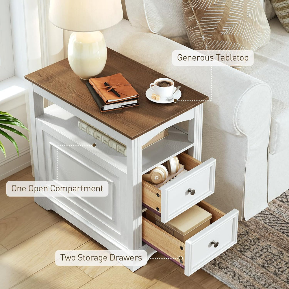 RALGEND Farmhouse End Table with 2 Drawers, Narrow Sofa Side Table with Stora...