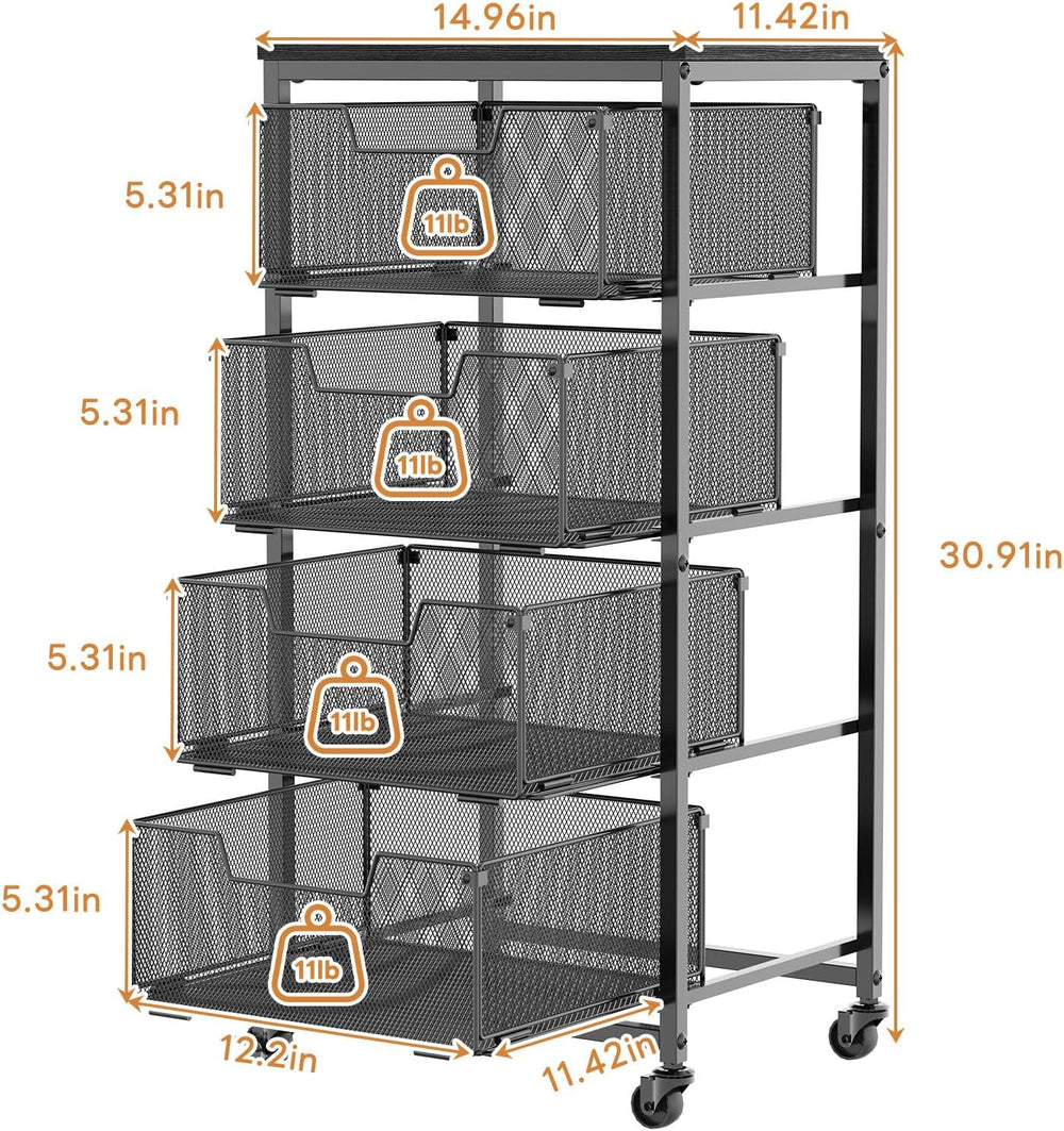 4-Tier Fruit Vegetable Storage Cart - Kitchen Organizer and Storage Cart with...
