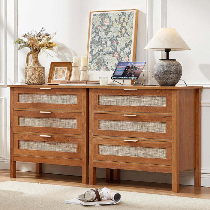 LEYAOYAO 31.5" Wide Rattan Nightstands Set of 2 with Charging Station