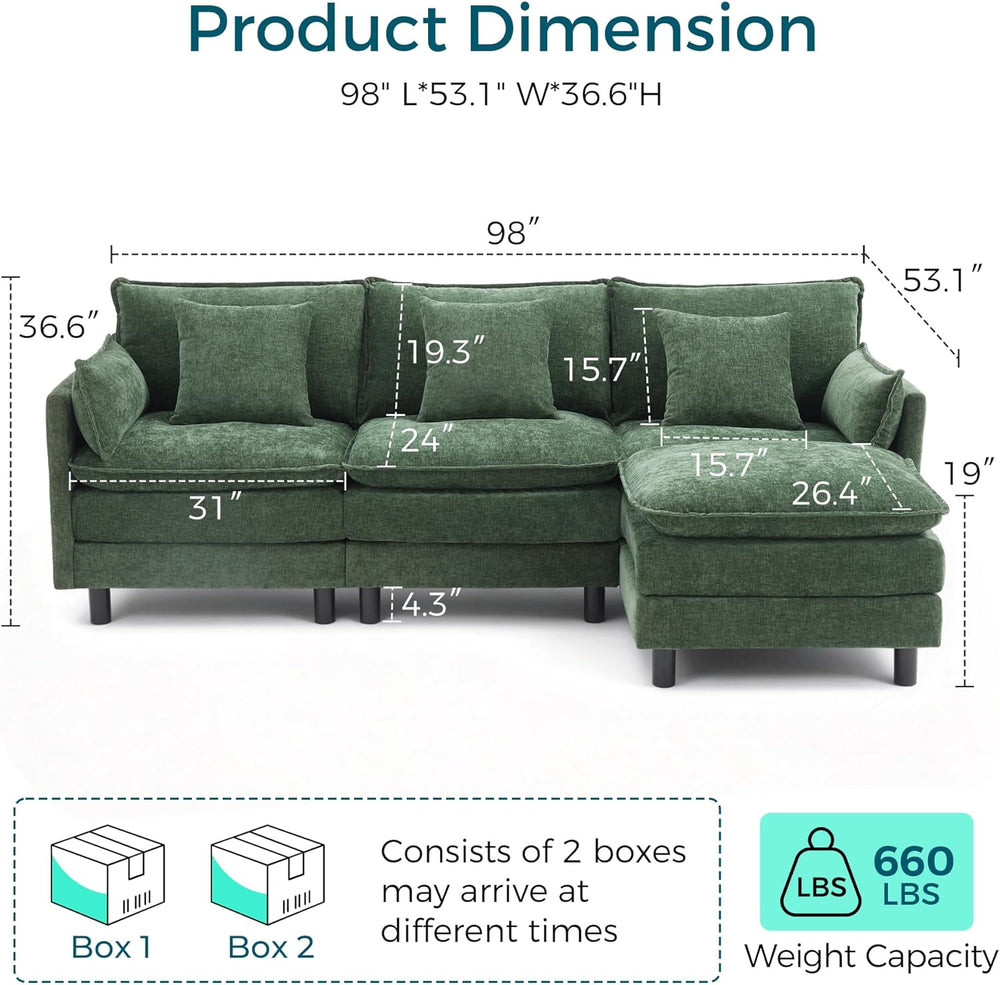LINSY HOME 98'' Modular Sectional Sofa 3 Seat Couch Chenille Cloud Co...