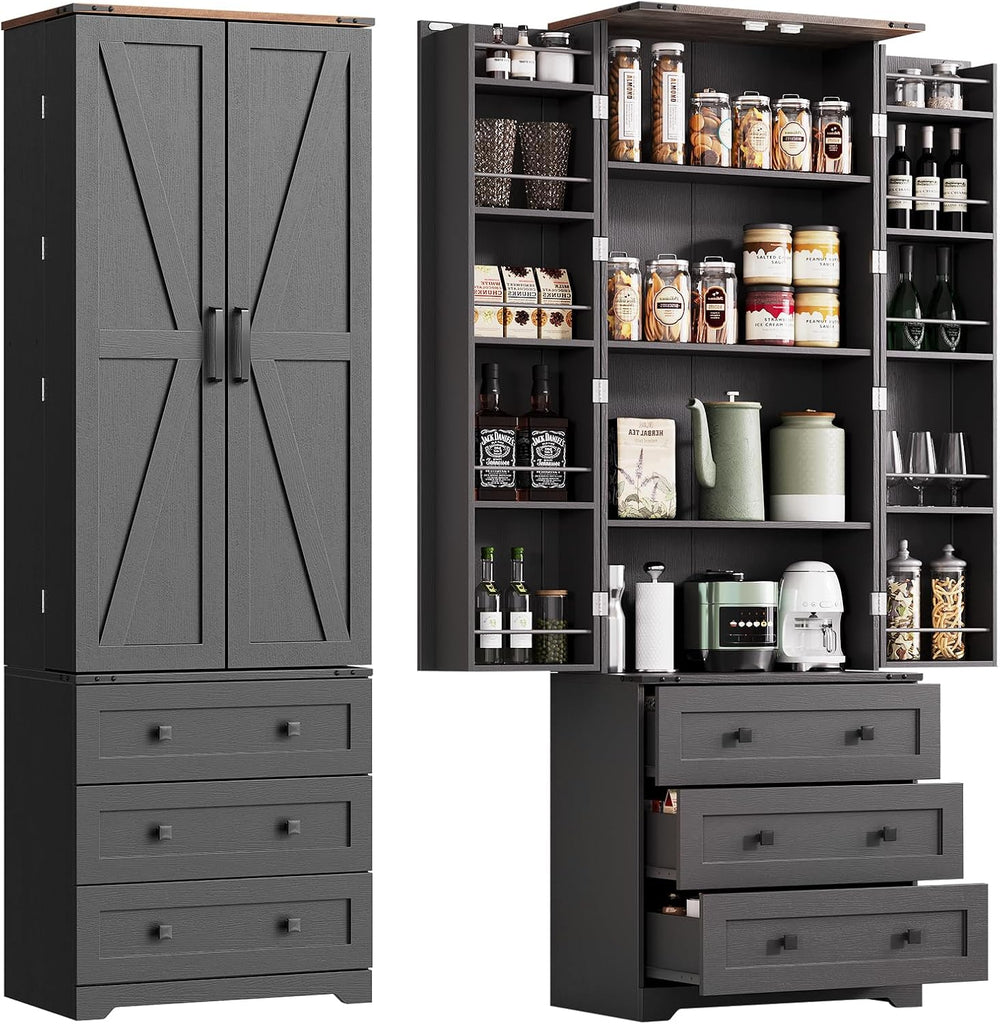 IDEALHOUSE Farmhouse Kitchen Pantry Cabinet - 72" Tall Large Wood Kitche...
