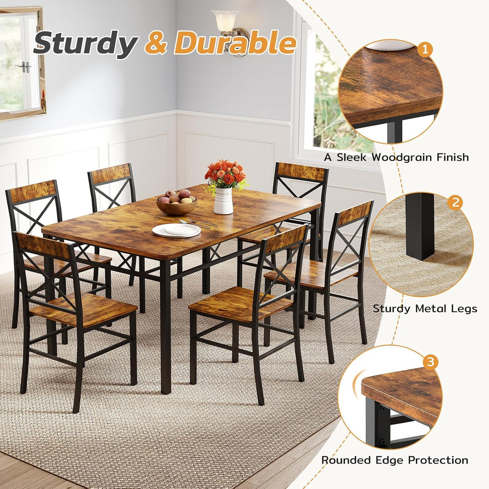 Zevemomo 7-Piece Dining Table Set, Kitchen Table Chairs Set of 6, Brown | Din...