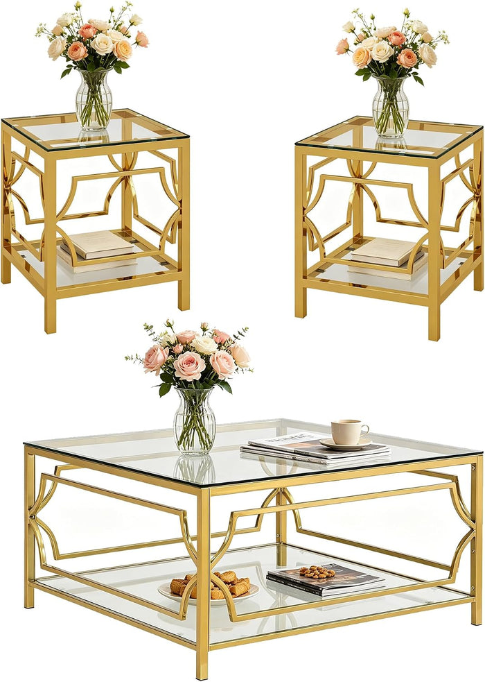 Modern Square Glass Coffee Table Set of 3, Luxury 2-Tier Storage Coffee End Table Set with Clear Glass Top and Gold Frame,Elegant 3-Piece Living Room Table Set for Home Offce