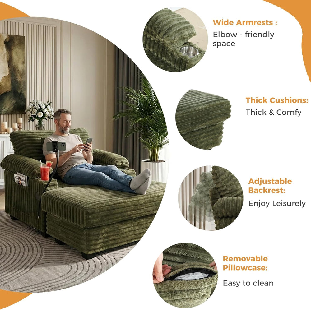 Oversized Chaise Lounge Chair with Adjustable Backrest, Movable Storage Ottom...