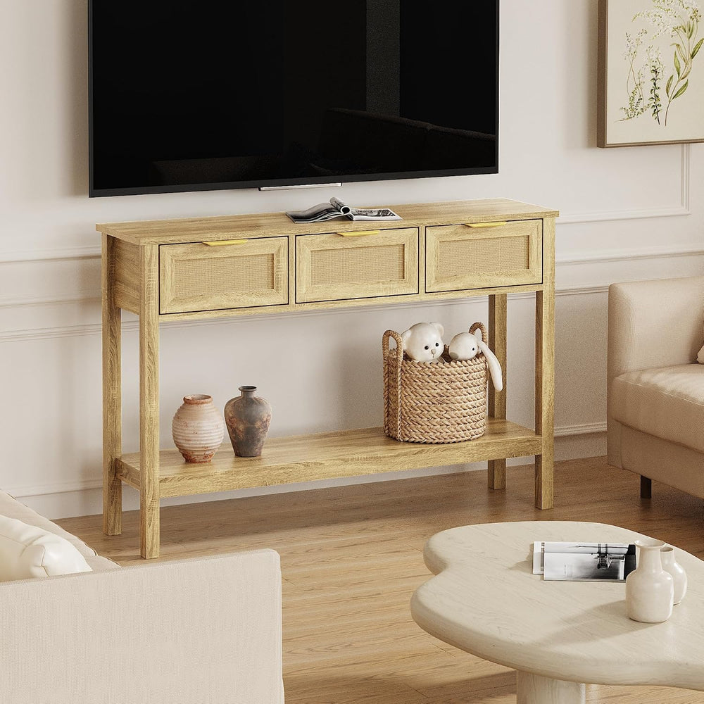KIGOTY Console Table with Charging Station, Rattan Style Sofa Table Behind Th...