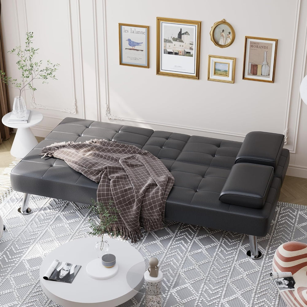 Shahoo Leather Convertible Futon Sofa Bed, Folding Sleeper Loveseat Couch | U...