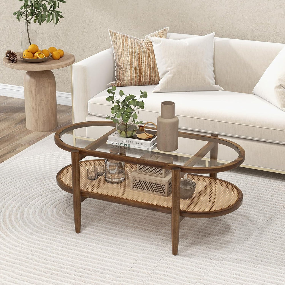 Tangkula Rattan Coffee Table, 40”L Boho Oval Acacia Wood Cocktail Table with ...