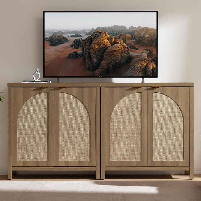 SICOTAS 68" W Rattan Sideboard Buffet Cabinet with Storage Set of 2, Mid...