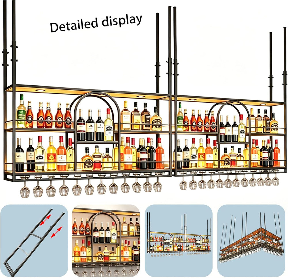 47.2in Industrial Black Metal floating Hanging Wine shelf, ceiling mounted wi...