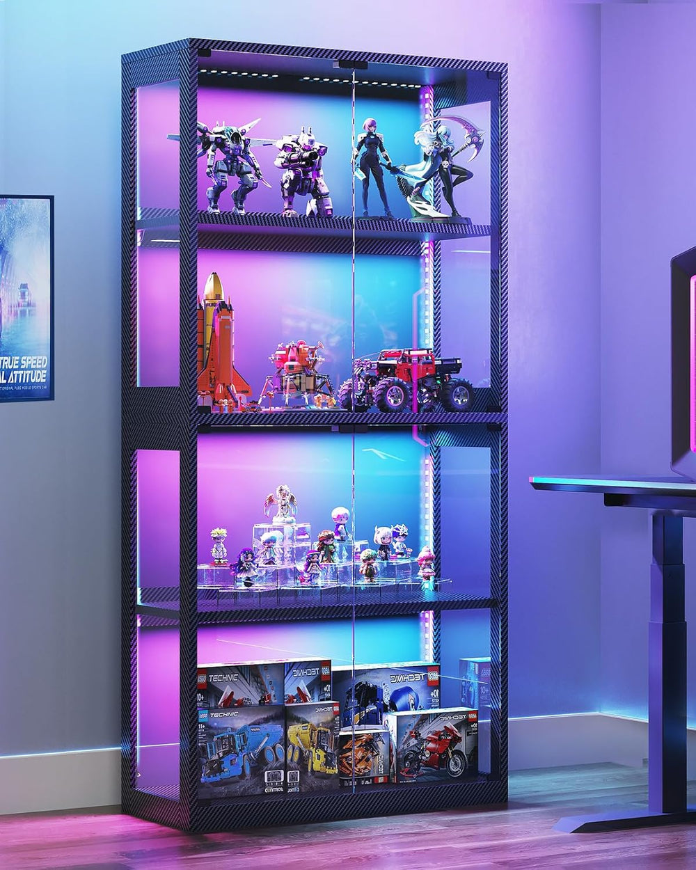 AODK Display Cabinet with Glass Door, 4-Tier Display Case with LED Lights, Di...