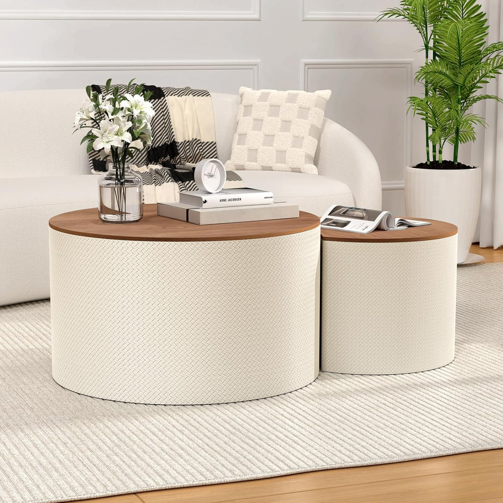 Nesting Coffee Table Set of 2, Modern Round Storage Coffee Table, (White) | W...