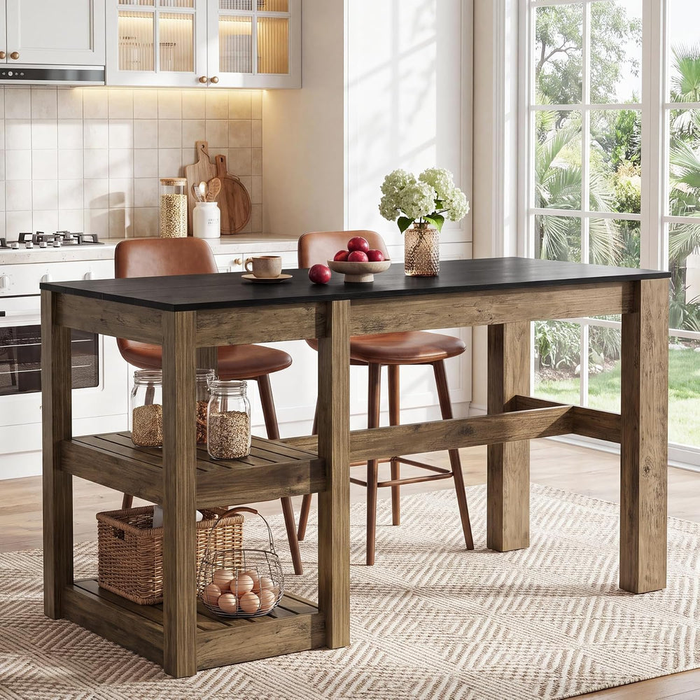 Tribesigns 55" Kitchen Island with Storage Shelves, Rustic Brown and Bla...