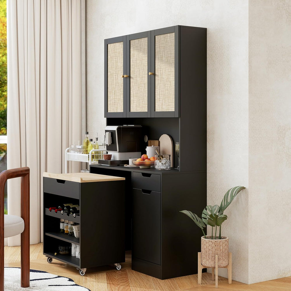 69" Kitchen Pantry Cabinet with Microwave Stand & Rolling Cart - Fre...