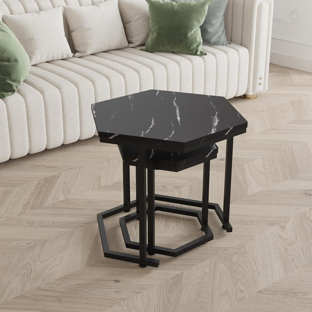 Hexagon Nesting Side Tables Set of 2, Black Marble | Space-saving hexagon nes...