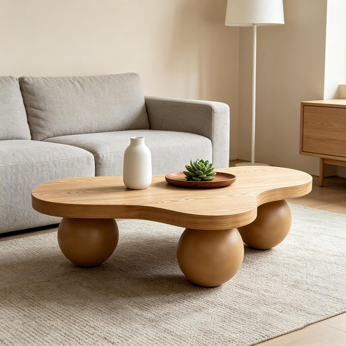 46" Cloud Coffee Table with 3 Ball Legs, Modern Irregular Center Table for Living Room, Low Cute Small MDF Tea Table for Bedroom, Space Apartment, Brown