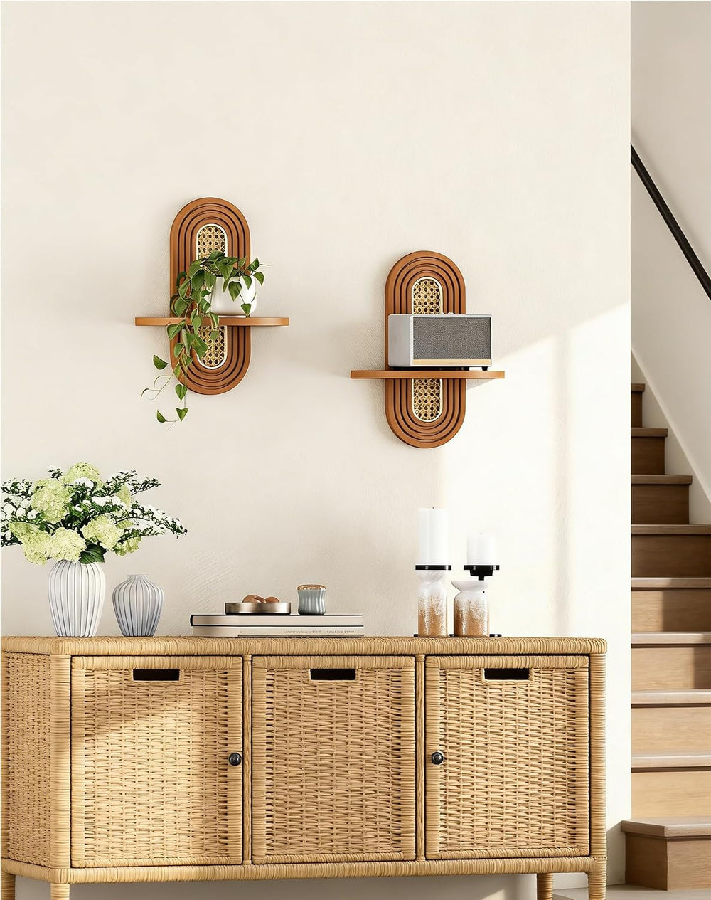 Floating Shelves for Wall, Boho Home Wall Decor,Rattan Plant Shelf Set of 2, ...