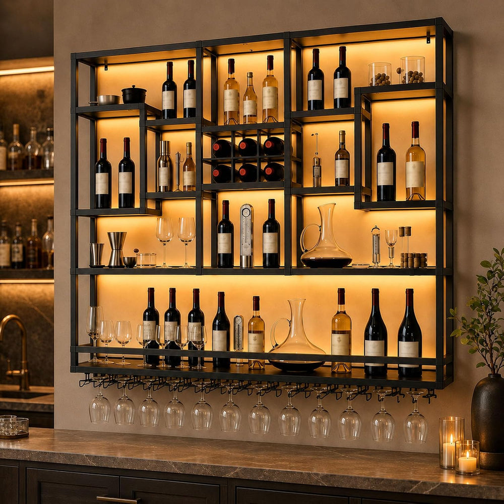 71in LED Wall Mounted Wine Rack with Stemware Holder and Wood Shelves | Combi...