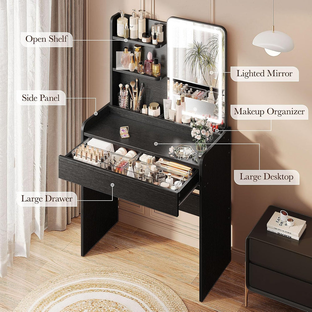 Memobarco Black Small Makeup Vanity Desk with Drawer & Storage Shelves | ...