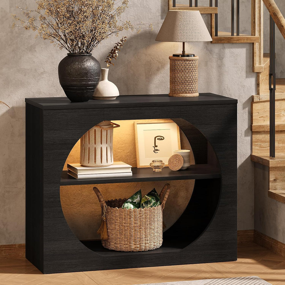 Entryway Table, 39'' Black Console Table with LED Light 3-Tier Modern...