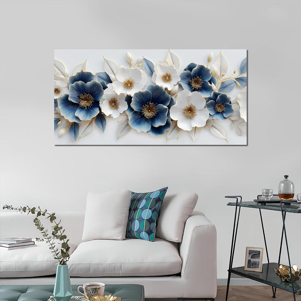 Large Canvas Wall Art for Living Room Blue and White Floral Print Painting wa...