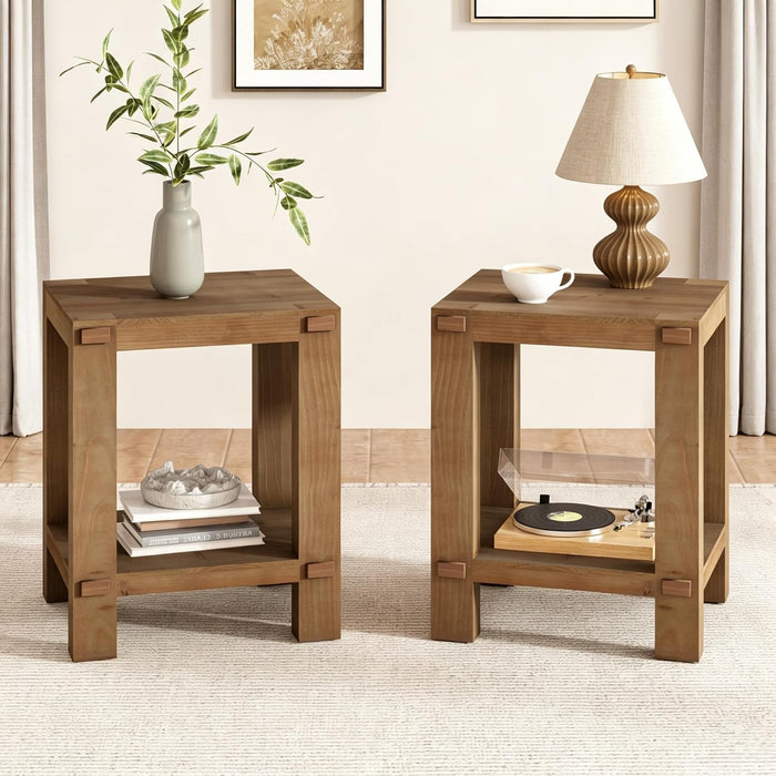Set of 2 Wood End Tables with 2-Tier Storage Shelf