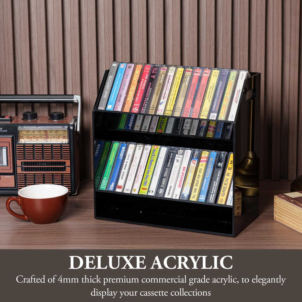 MyGift 2 Tier Modern Premium Black Acrylic Compact Cassettes Holder with Cuto...