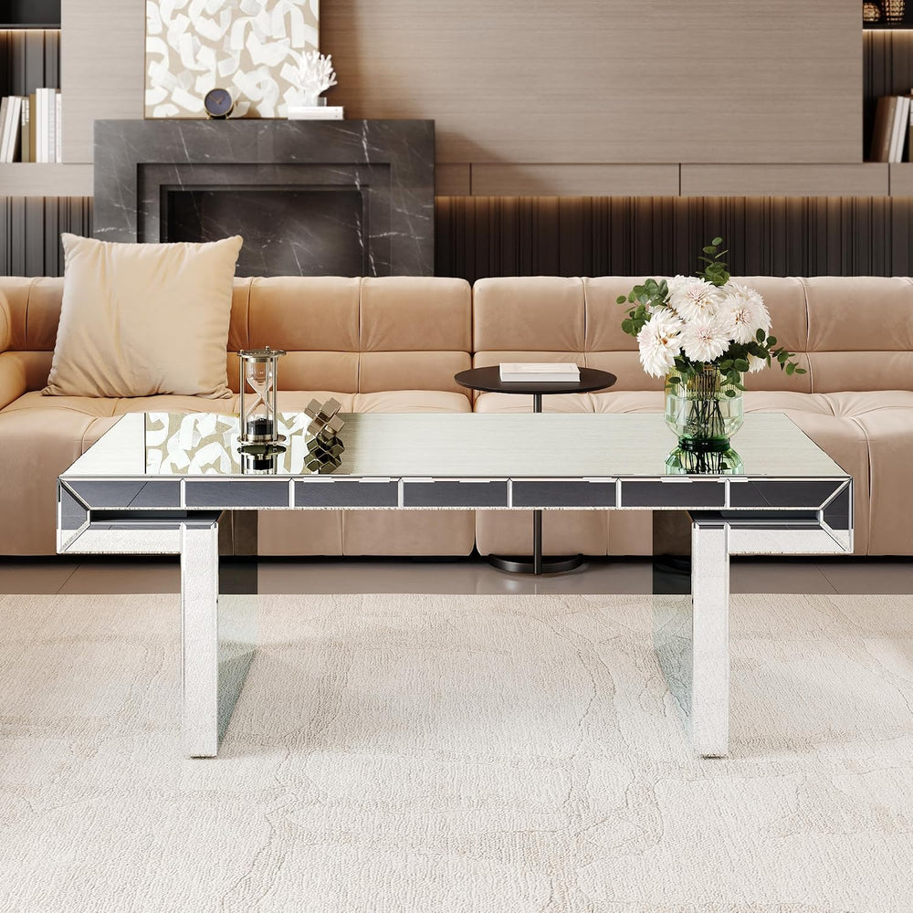 47 Inches Luxury Rectangular Mirror Coffee Table with Tempered Glass, Sofa Si...