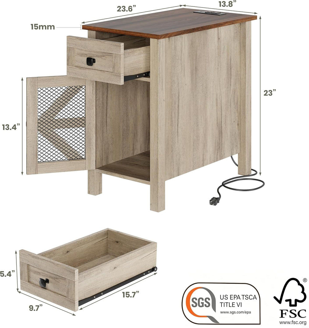 HAIOOU Farmhouse End Table with Charging Station, Narrow Side Tables with Sto...