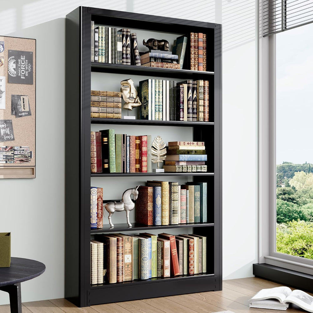 Bookshelf, Heavy Duty Metal Book Shelf, Industrial Bookshelves, 69” Black