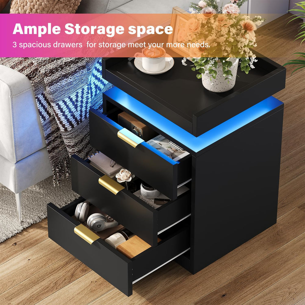 knoworld LED Nightstand with Charging Station & USB Ports, 3-Drawer Bedsi...