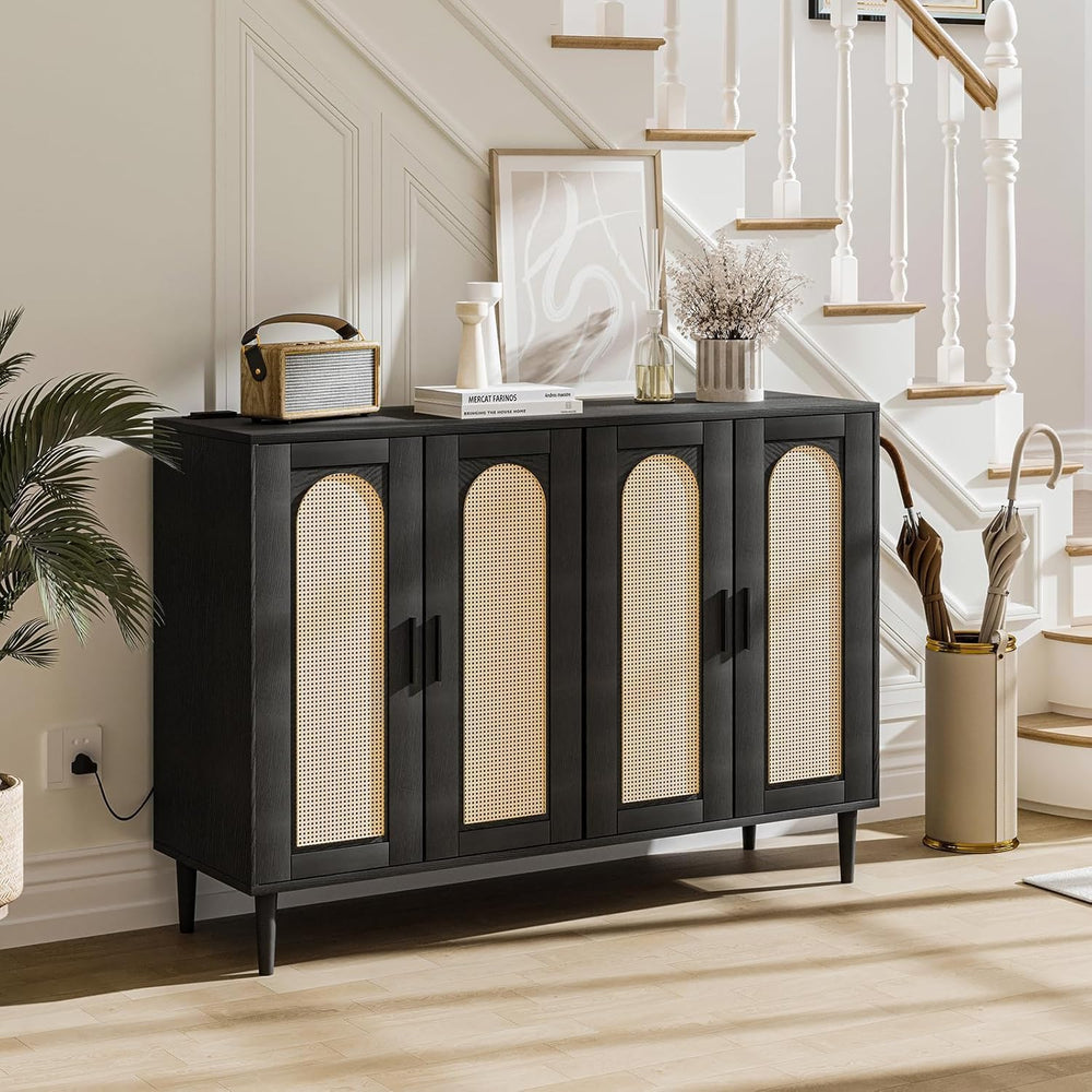 Patikuin Rattan Sideboard Buffet Cabinet, Boho Accent Storage Cabinet, 4 Door...
