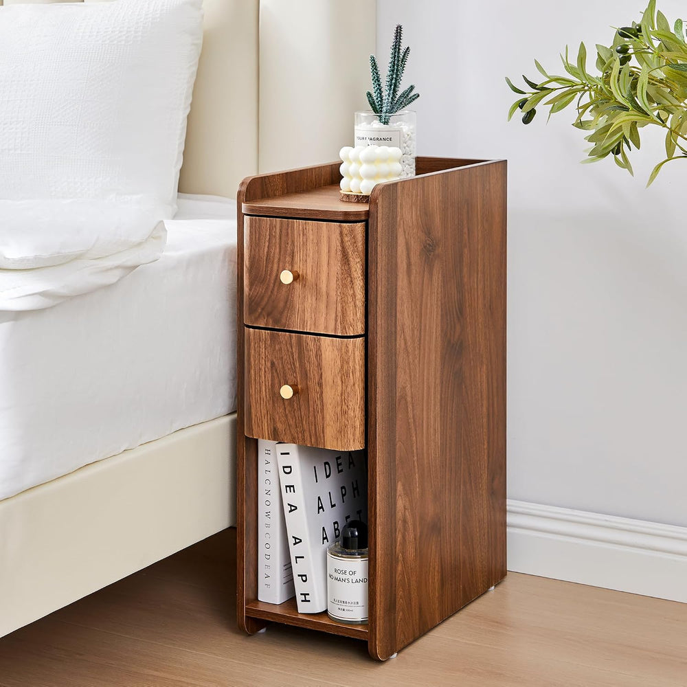 Narrow End Table Bedroom, Wooden Small 2 Drawer Nightstand, Thin Couch Side E...