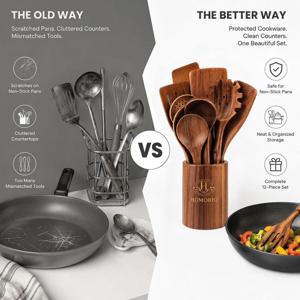 12-Piece Premium Teak Wooden Cooking Utensils Set – Heat-Resistant Spoons &am...
