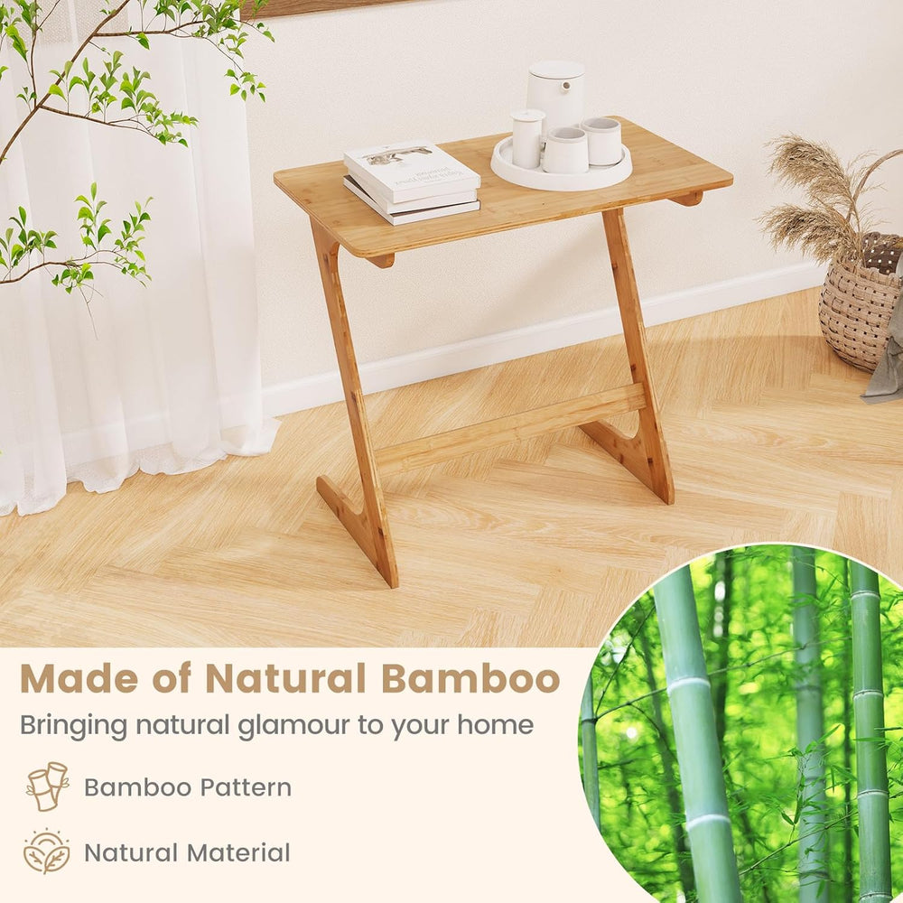 Giantex Bamboo TV Tray Table Set of 2, Z Shaped Sofa Side Table for Eating Sn...