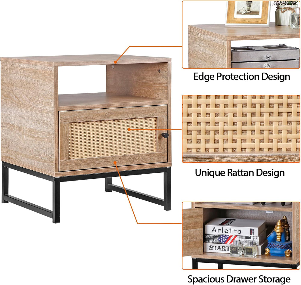 Nightstands End Table, PE Rattan Decor Drawer Opening Shelf, Set of 2 Bed Sid...