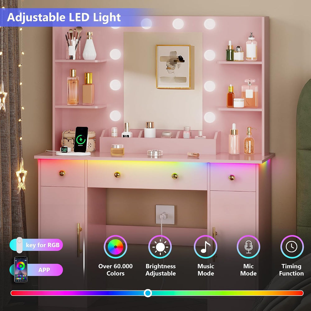 HUANLEGO Vanity Desk with Mirror and Lights, Makeup Vanity with Mirror and LE...