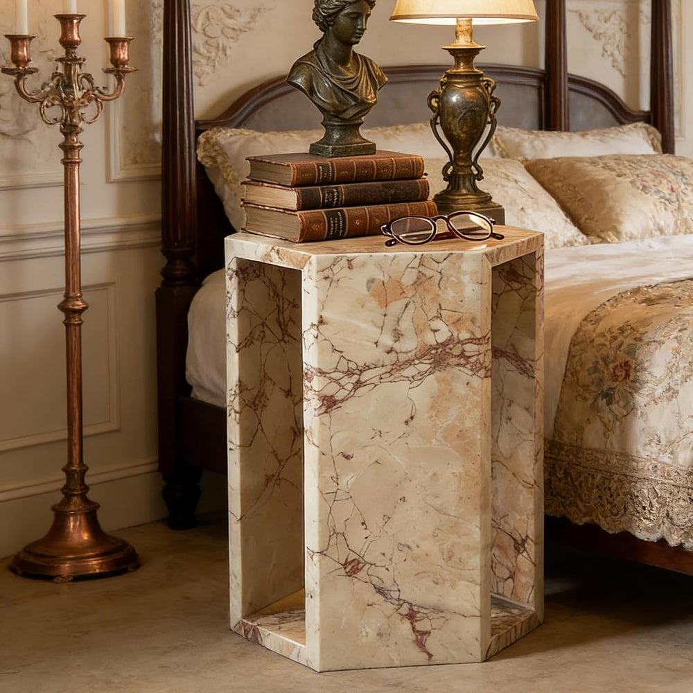Modern Pink Natural Marble Side Table,Hexagon Accent Tables for Small Spaces,...