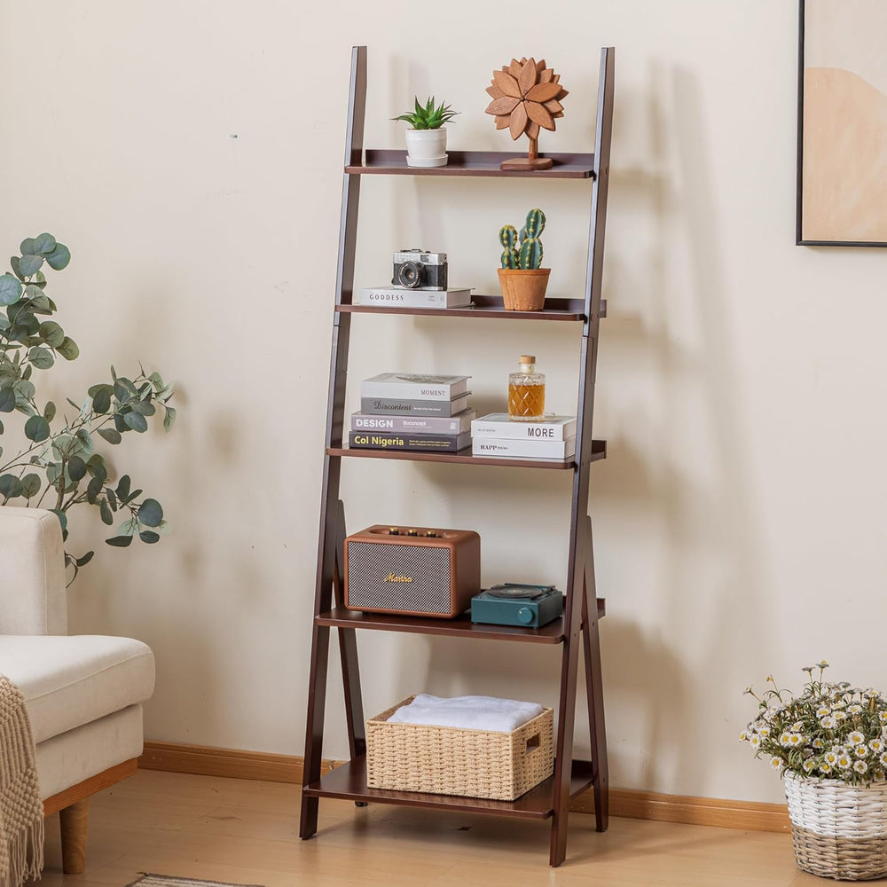 Maydear Bamboo Ladder Shelf Bookcase, 5-Tier Leaning Bookshelf Free Standing ...
