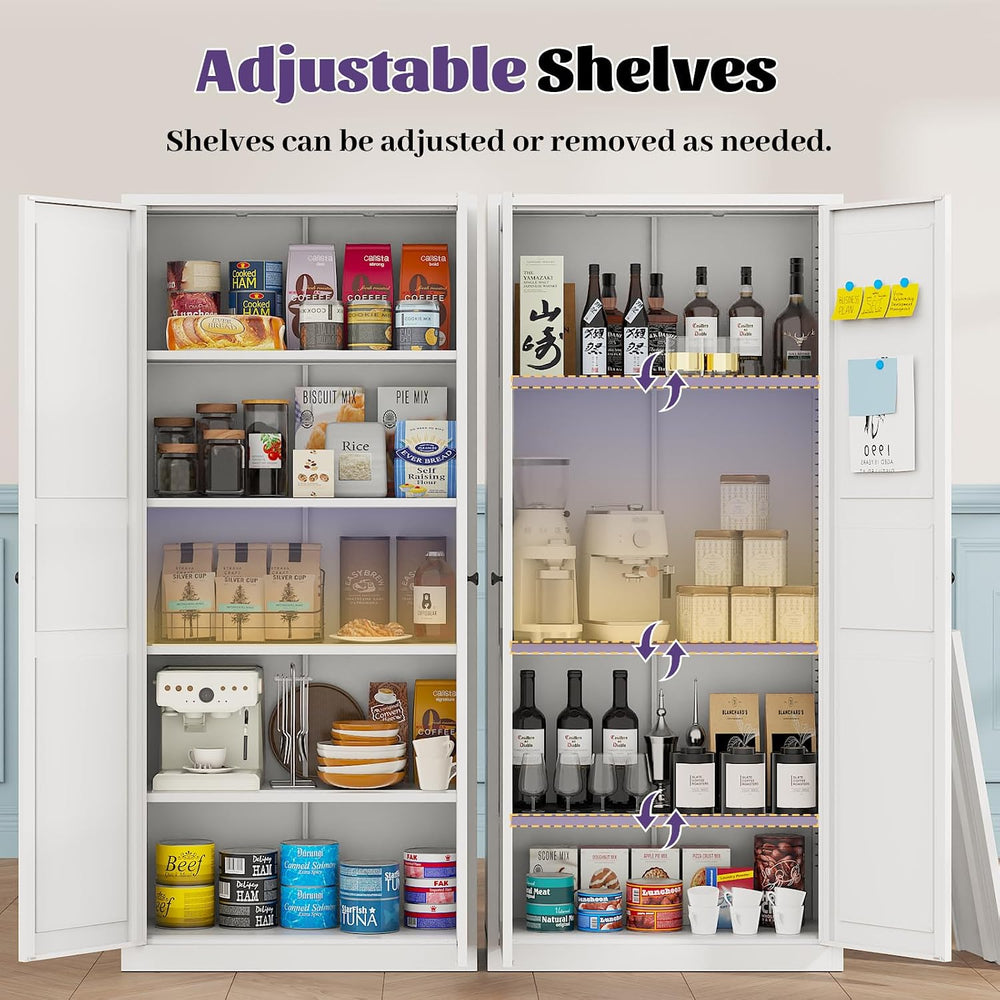 71"Kitchen Pantry Cabinet,White Metal Pantry Cabinet with 2 Doors & ...