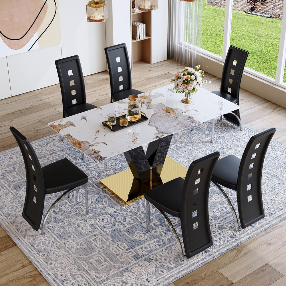 71'' Dining Table Set for 6,Modern Dining Room Table Set for 6,Marble...